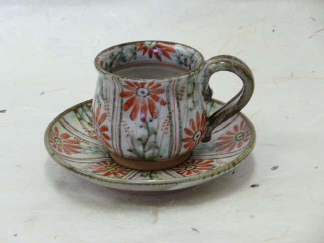 京焼　赫三郎窯　色絵花更紗　コーヒー碗皿