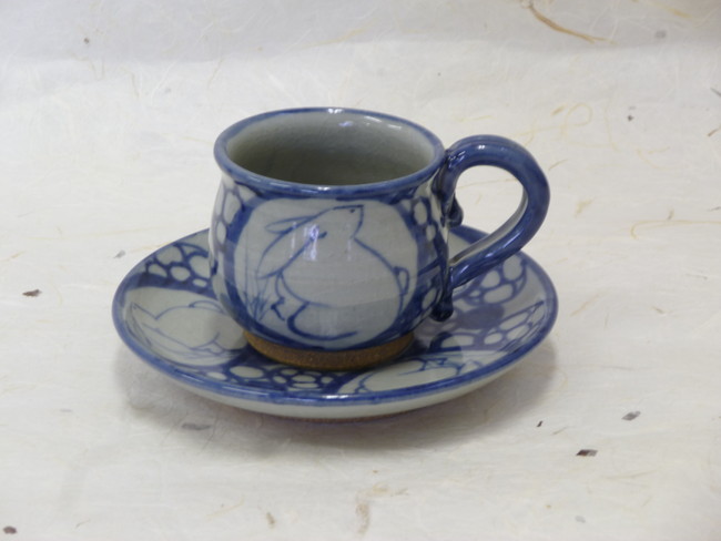 京焼　赫三郎窯　染付兎　コーヒー碗皿