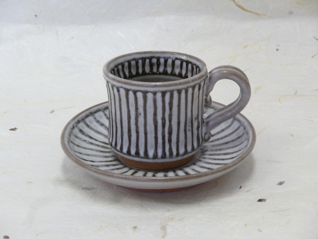 京焼　赫三郎窯　筒描麦わら手　コーヒー碗皿