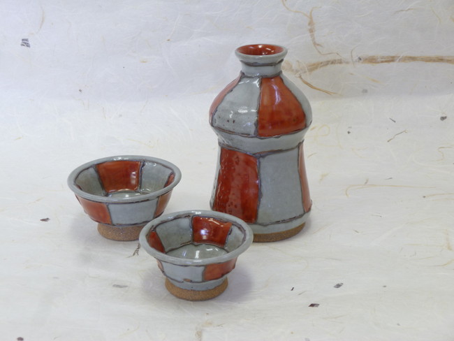 京焼　赫三郎窯　筒描赤絵剥し手　酒器セット